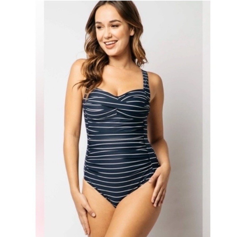 Niptuck Bond Eye Gray Blue White Stripe Ruched One Piece Swimsuit Womens US 6